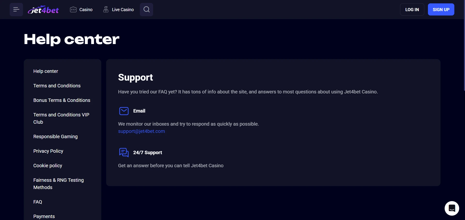 Jet4bet Casino support page with live chat